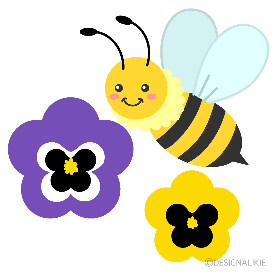 かわいいミツバチとパンジーの花