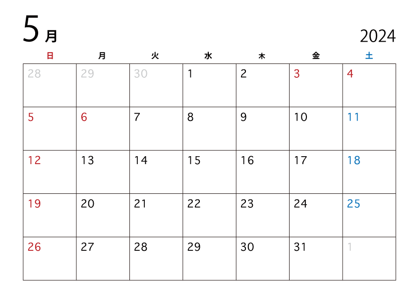 2022年5月のカレンダー（日本語）