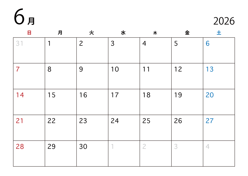 2026年6月のカレンダー（日本語）