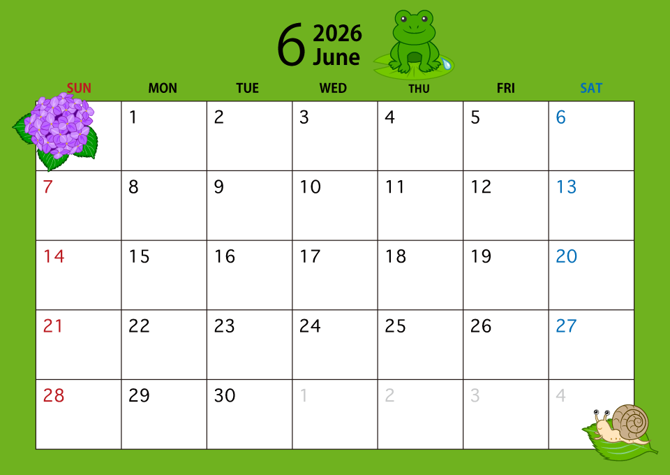 2024年6月のカレンダー（梅雨）