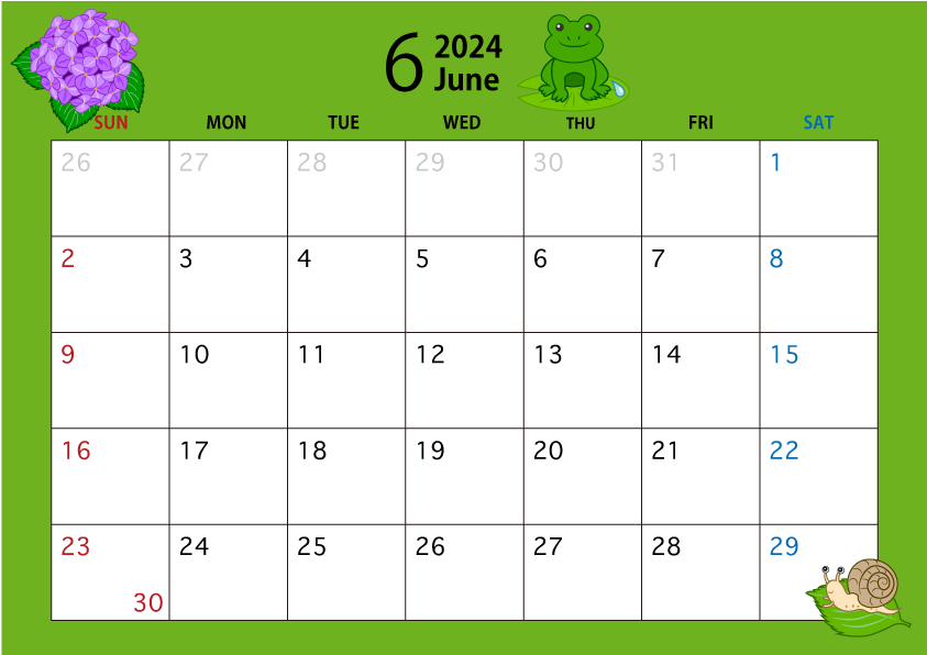 2024年6月のカレンダー（梅雨）