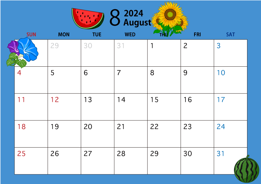 2022年8月のカレンダー（夏）