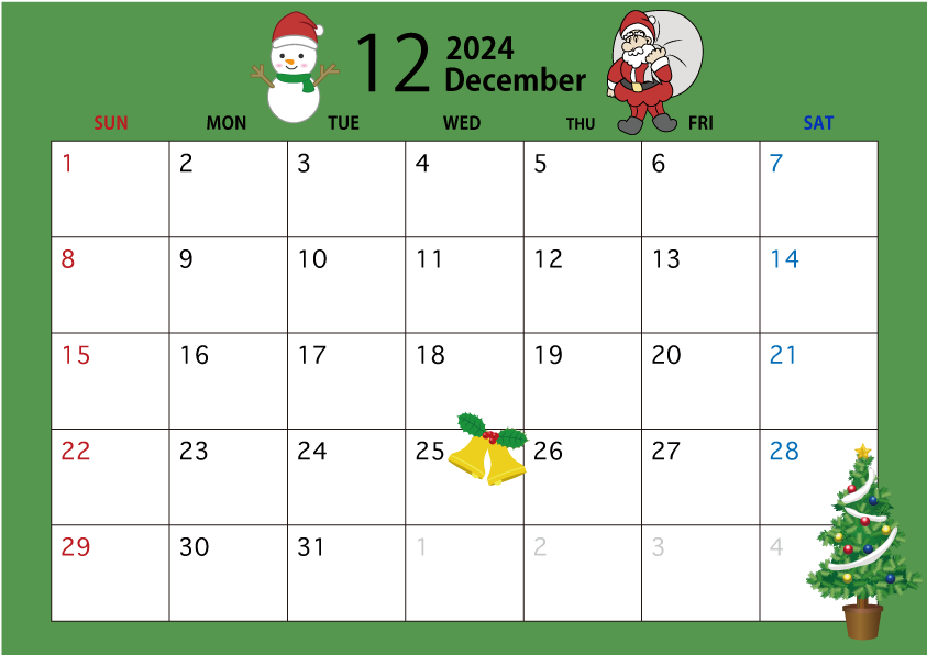 2024年12月のカレンダー（クリスマス）