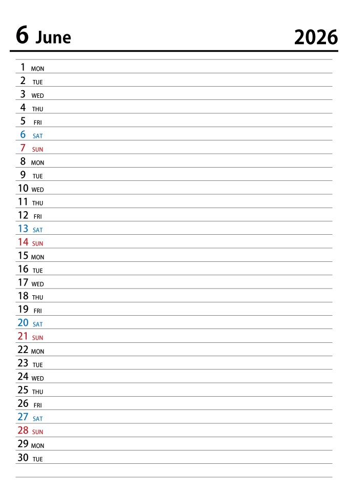 2026年6月スケジュールカレンダー