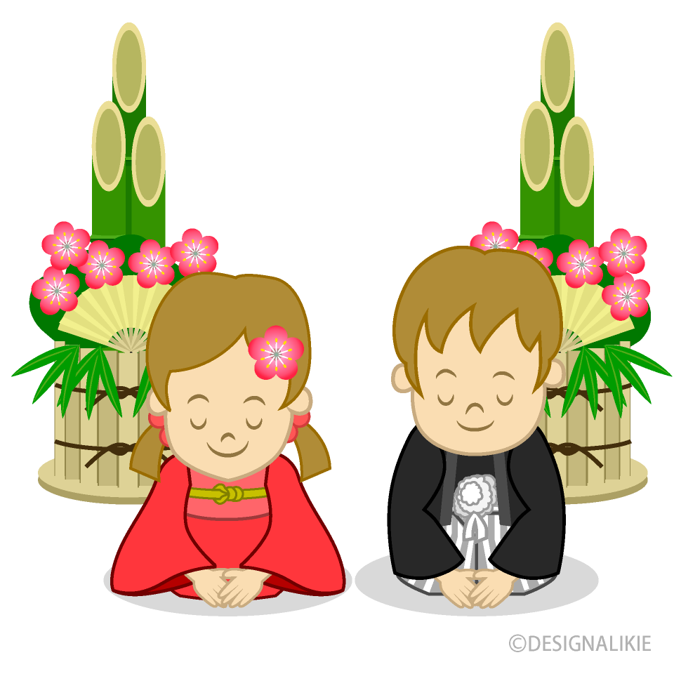 お辞儀する子供と門松