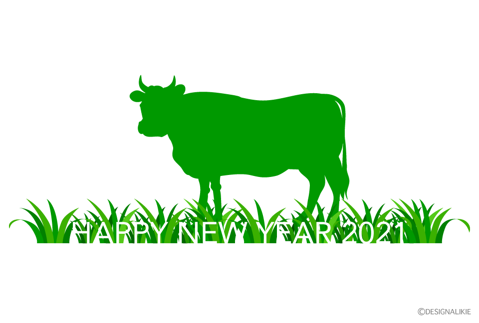 緑色牛シルエットの年賀状