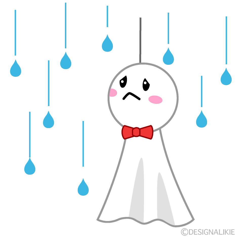 雨に落ち込むてるてる坊主