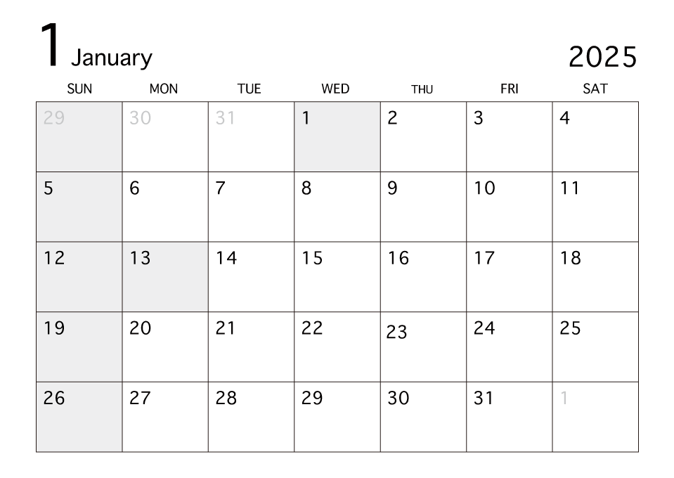 2025年1月カレンダー（白黒）