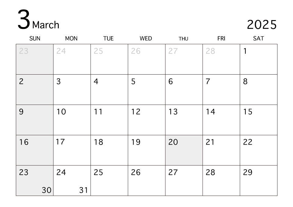 2025年3月カレンダー（白黒）