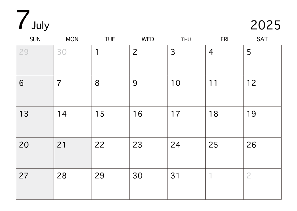 2025年7月カレンダー（白黒）