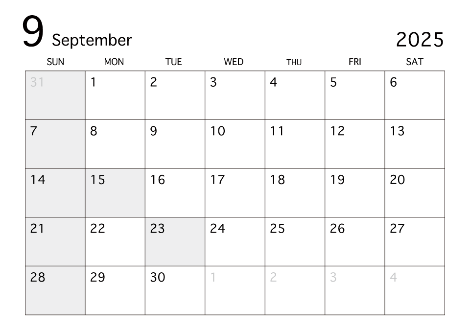 2025年9月カレンダー（白黒）