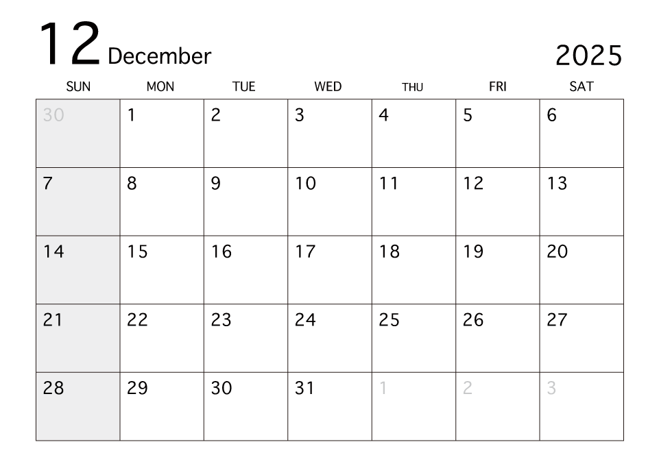 2025年12月カレンダー（白黒）