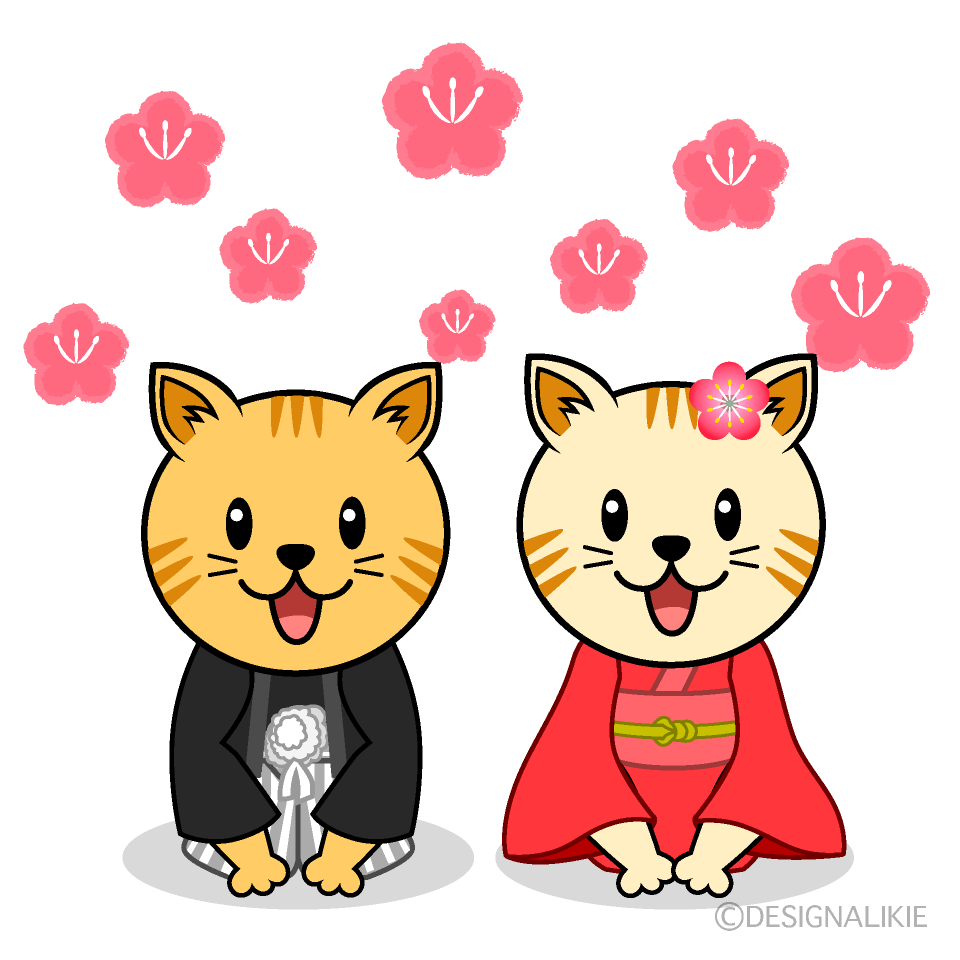 梅の花とトラ猫夫婦