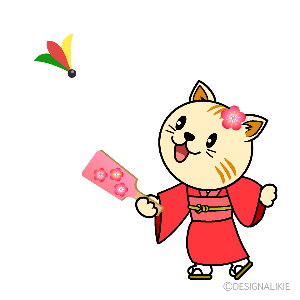 羽根付きする着物のトラ猫