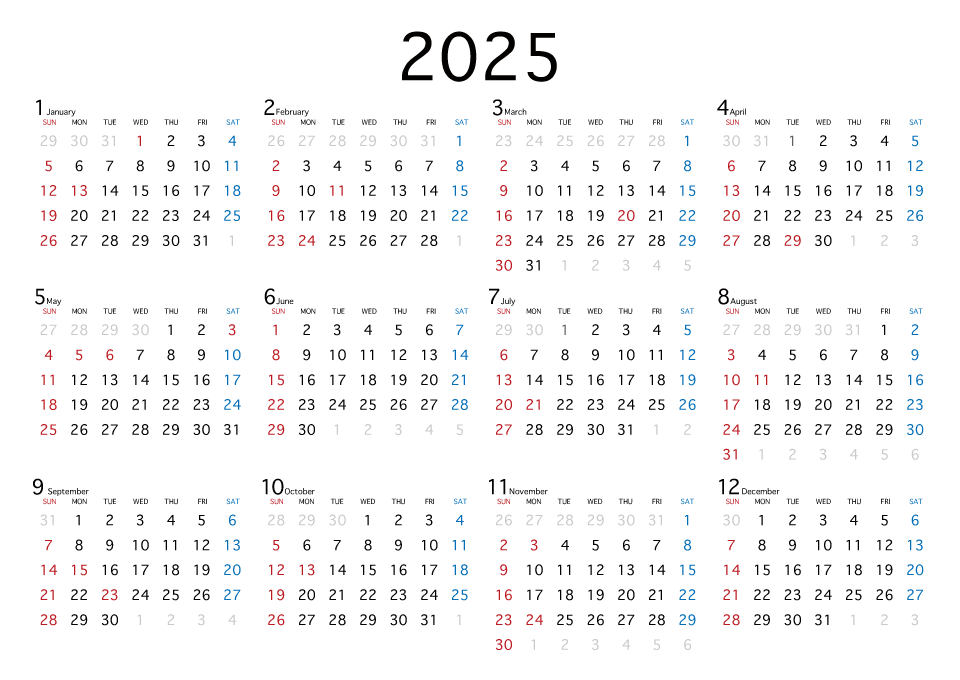 シンプルなデザインの2025年年カレンダー