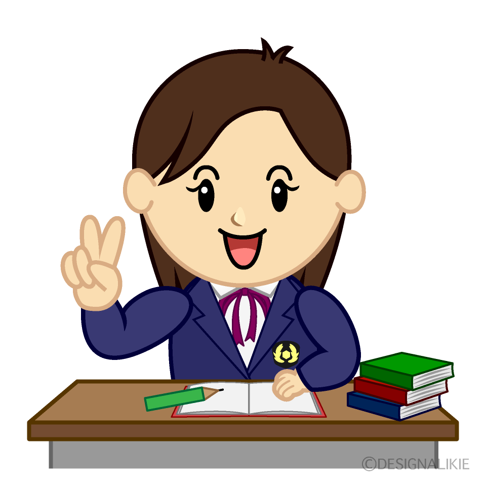 ピースする勉強する女子高生