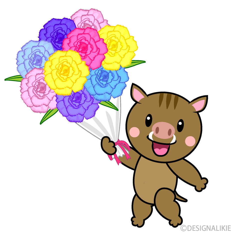 お祝いするイノシシキャラ