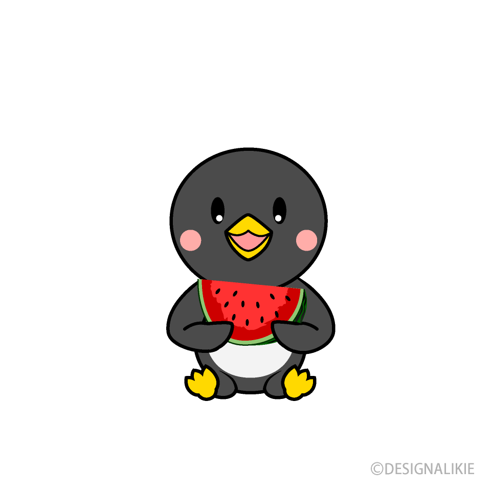 スイカを食べるペンギンキャラ