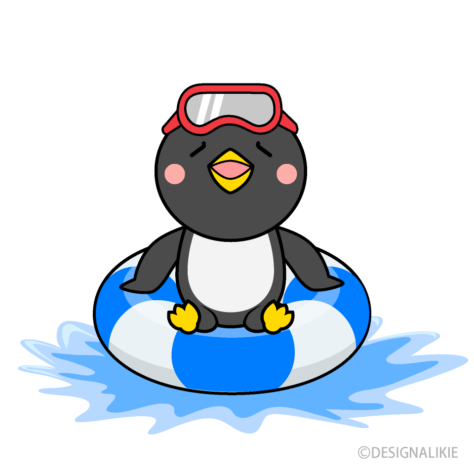 水遊びするペンギンキャラ