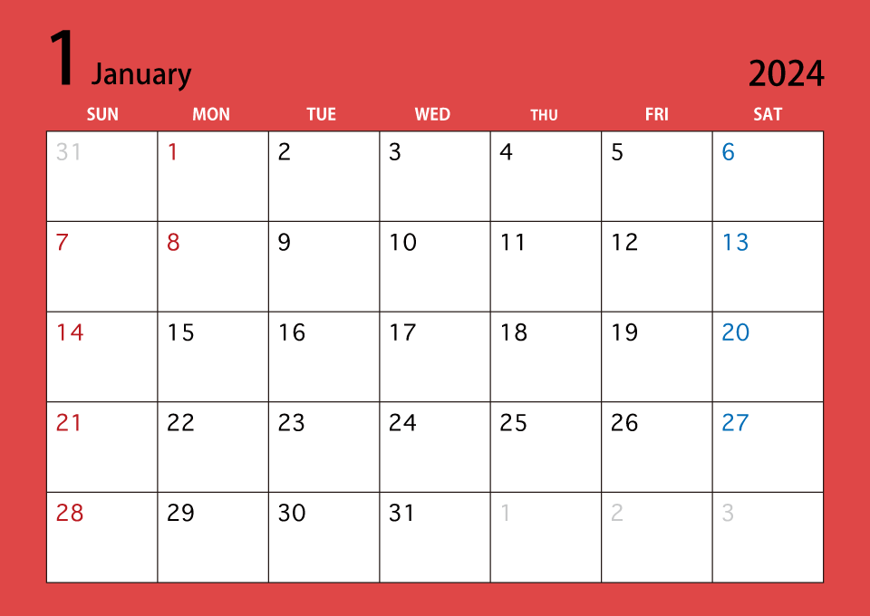 2022年1月カレンダー（カラー）