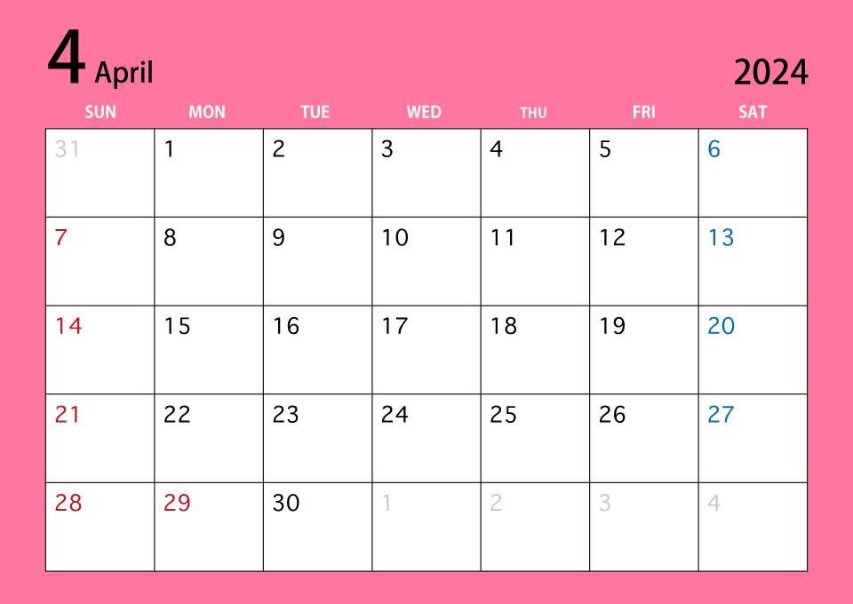 2022年4月カレンダー（カラー）