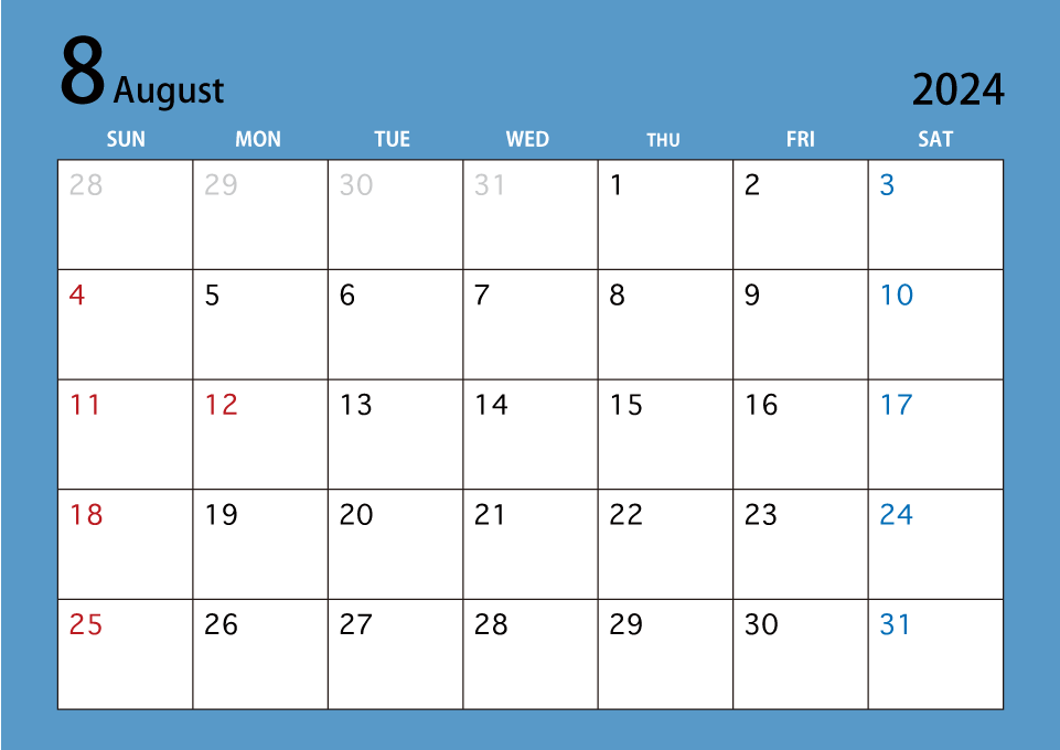 2022年8月カレンダー（カラー）