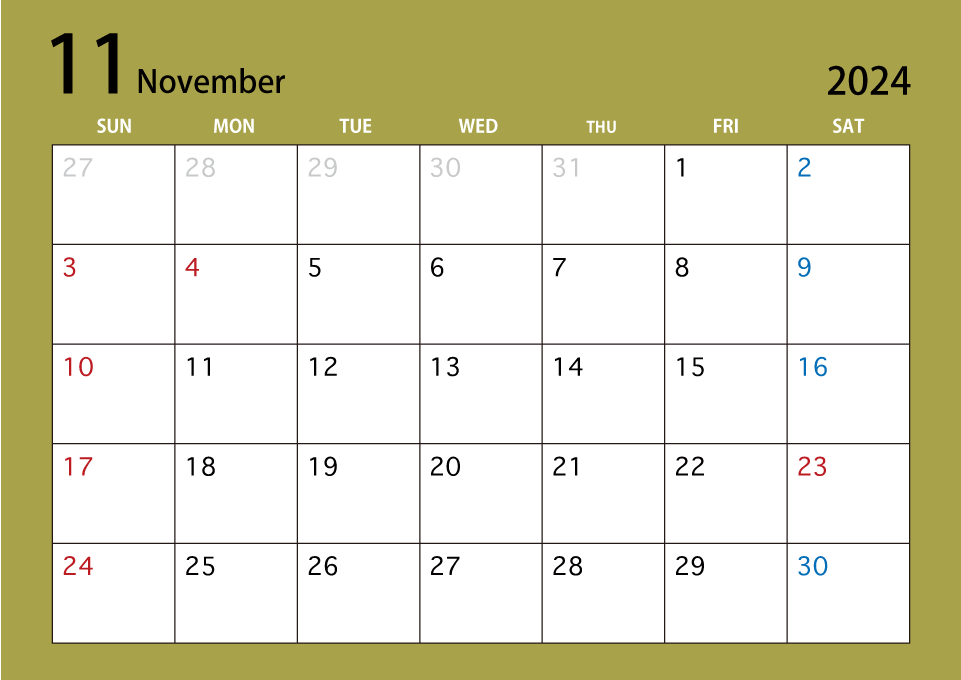 2022年11月カレンダー（カラー）