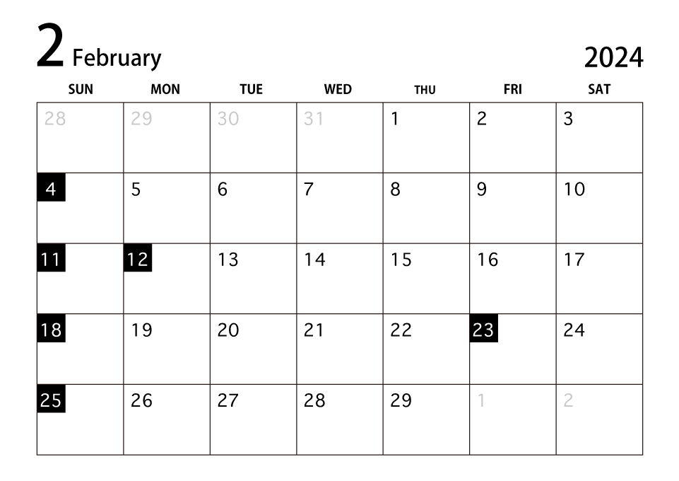 2022年2月カレンダー（白黒）