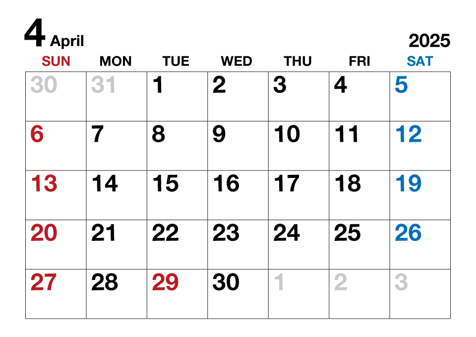 2025年4月カレンダー（文字大）