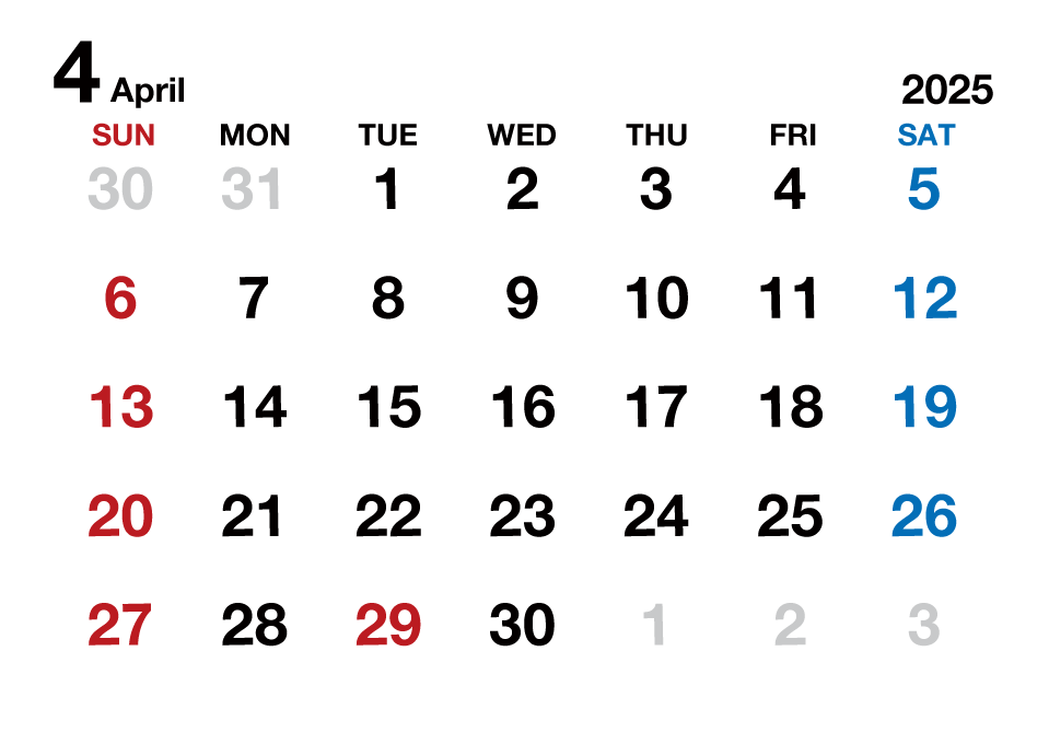 2023年4月カレンダー（文字大枠無）