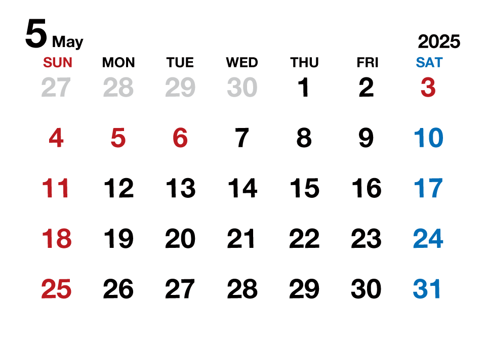 2025年5月カレンダー（文字大枠無）