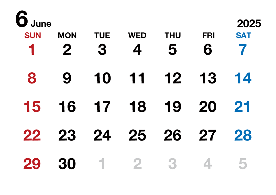 2025年6月カレンダー（文字大枠無）