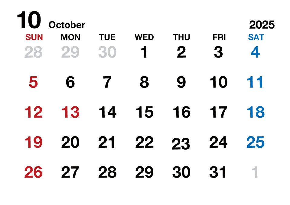 2023年10月カレンダー（文字大枠無）