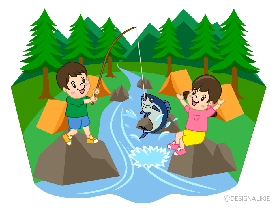 キャンプで釣りする子供