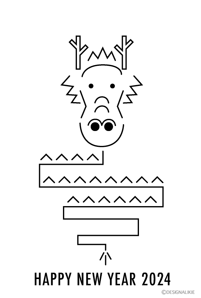 かわいい竜（四角線画）の年賀状