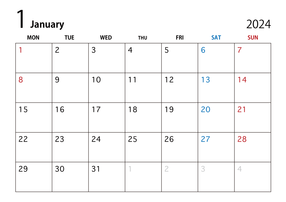 2024年1月カレンダー（月曜始まり）