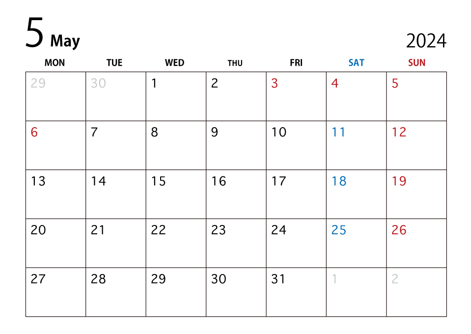 2024年5月カレンダー（月曜始まり）