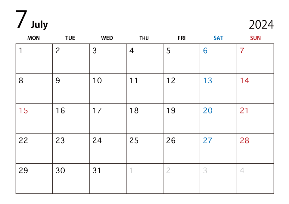 2024年7月カレンダー（月曜始まり）