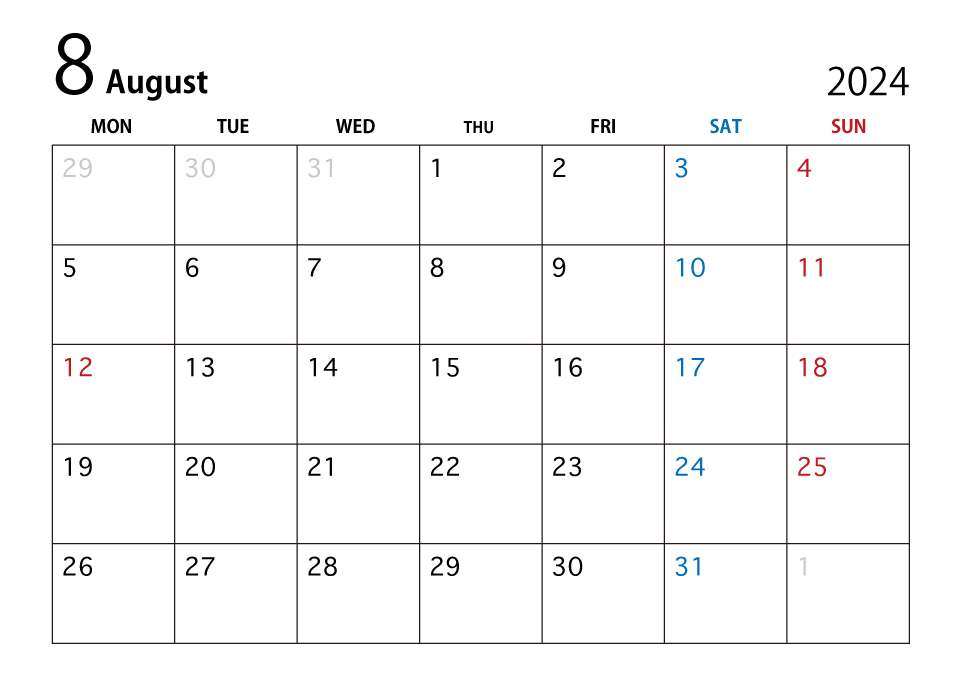 2024年8月カレンダー（月曜始まり）