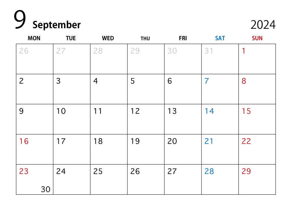 2024年9月カレンダー（月曜始まり）