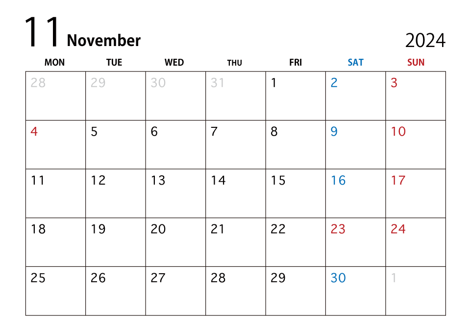 2024年11月カレンダー（月曜始まり）