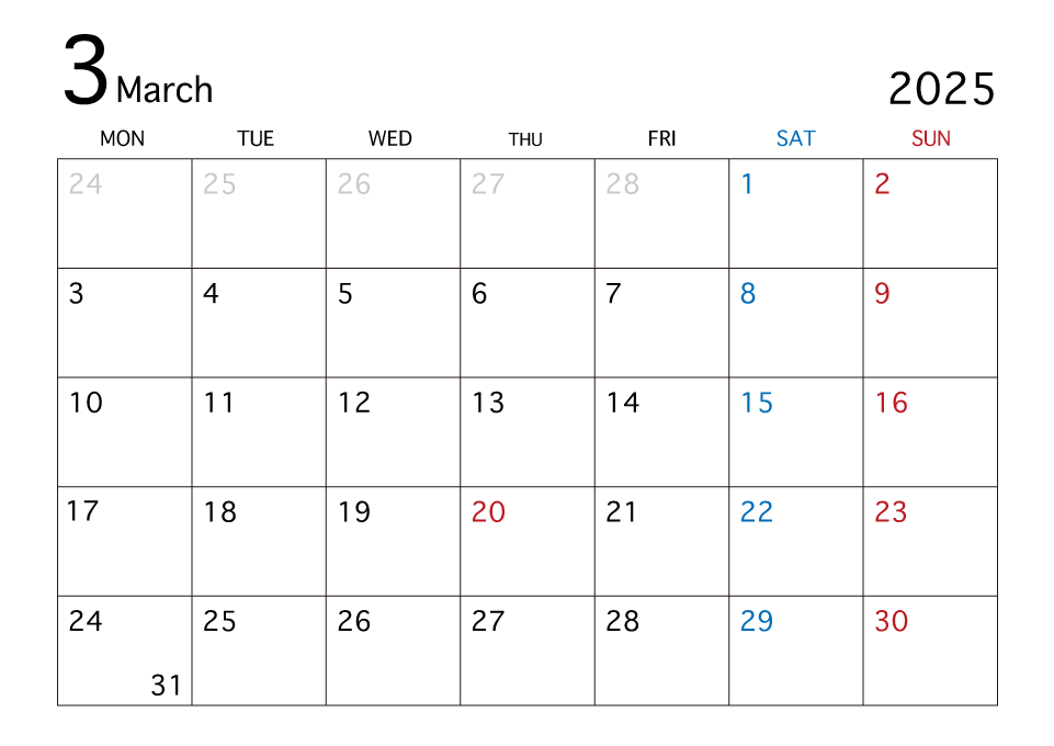 2025年3月カレンダー（月曜始まり）