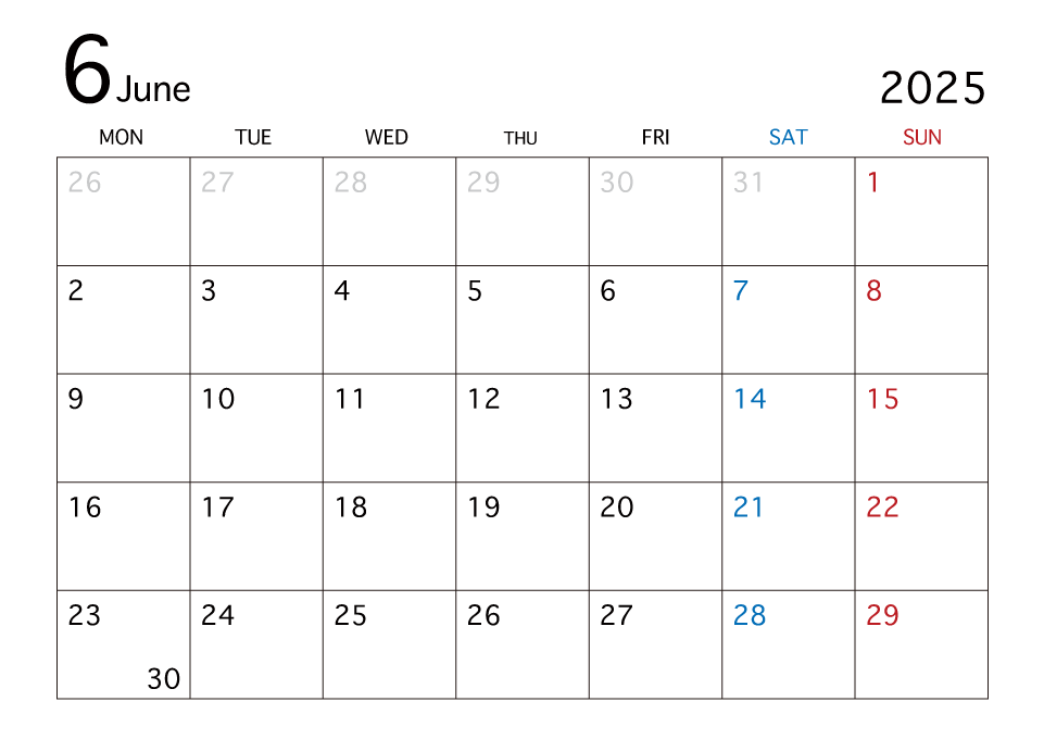 2025年6月カレンダー（月曜始まり）