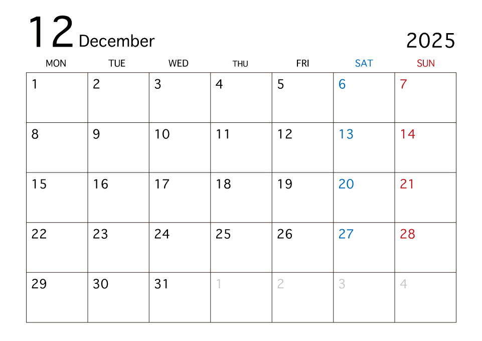 2025年12月カレンダー（月曜始まり）