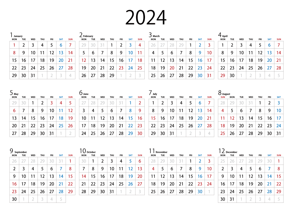 2024年カレンダー（月曜始まり）