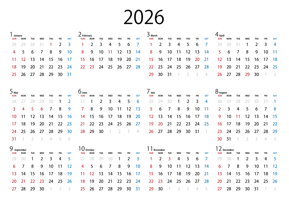 シンプルな2026年カレンダー
