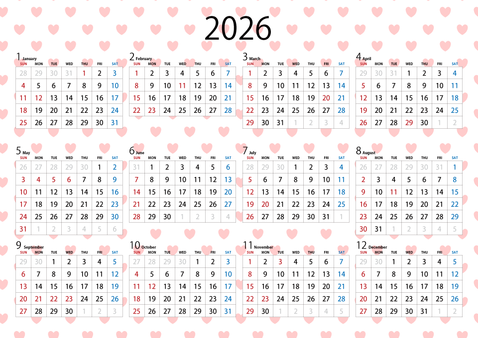 ハート柄の2026年カレンダー