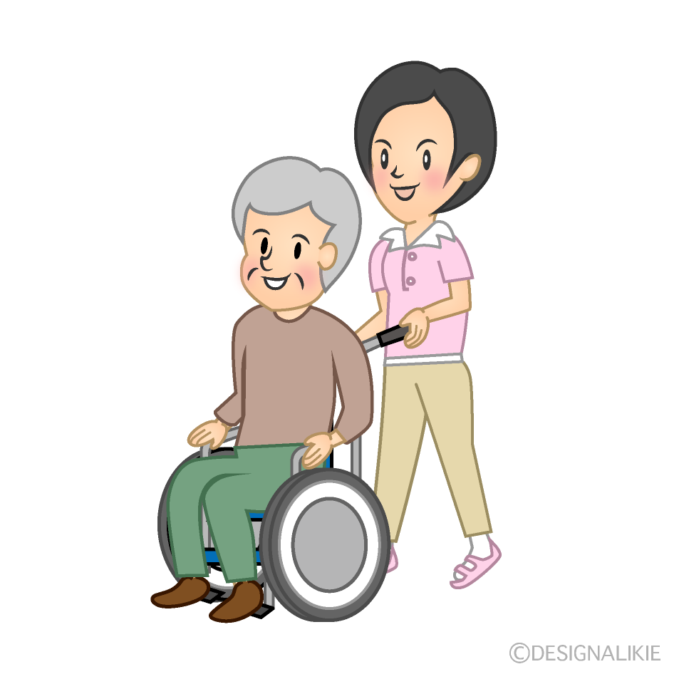 車椅子で介護するヘルパー