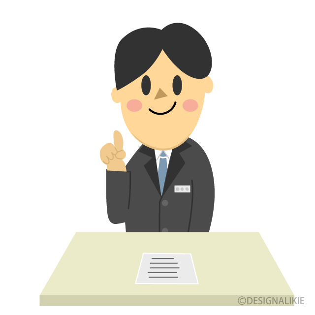 受付でポイントを説明する会社員