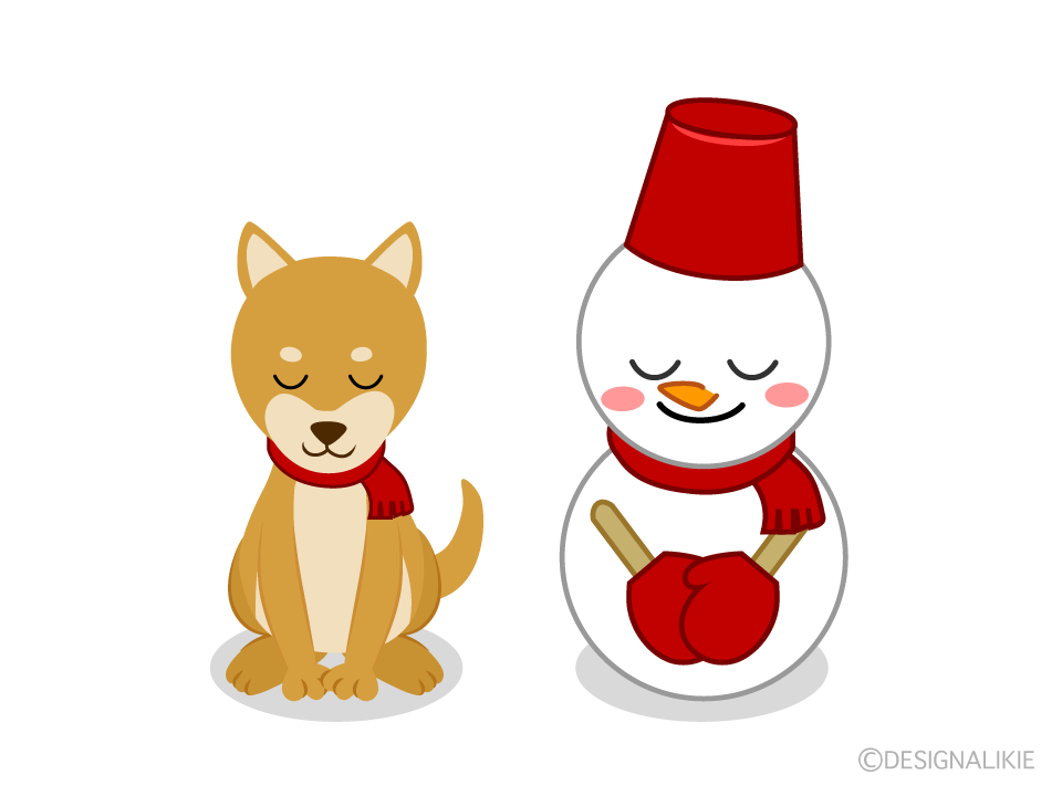 お辞儀する犬と雪だるま